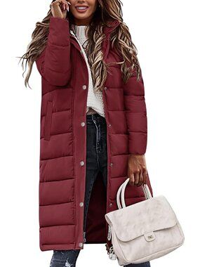 Women's Wine Red Winter Long Puffer Coat Quilted Warm Jacket with Side Zippers